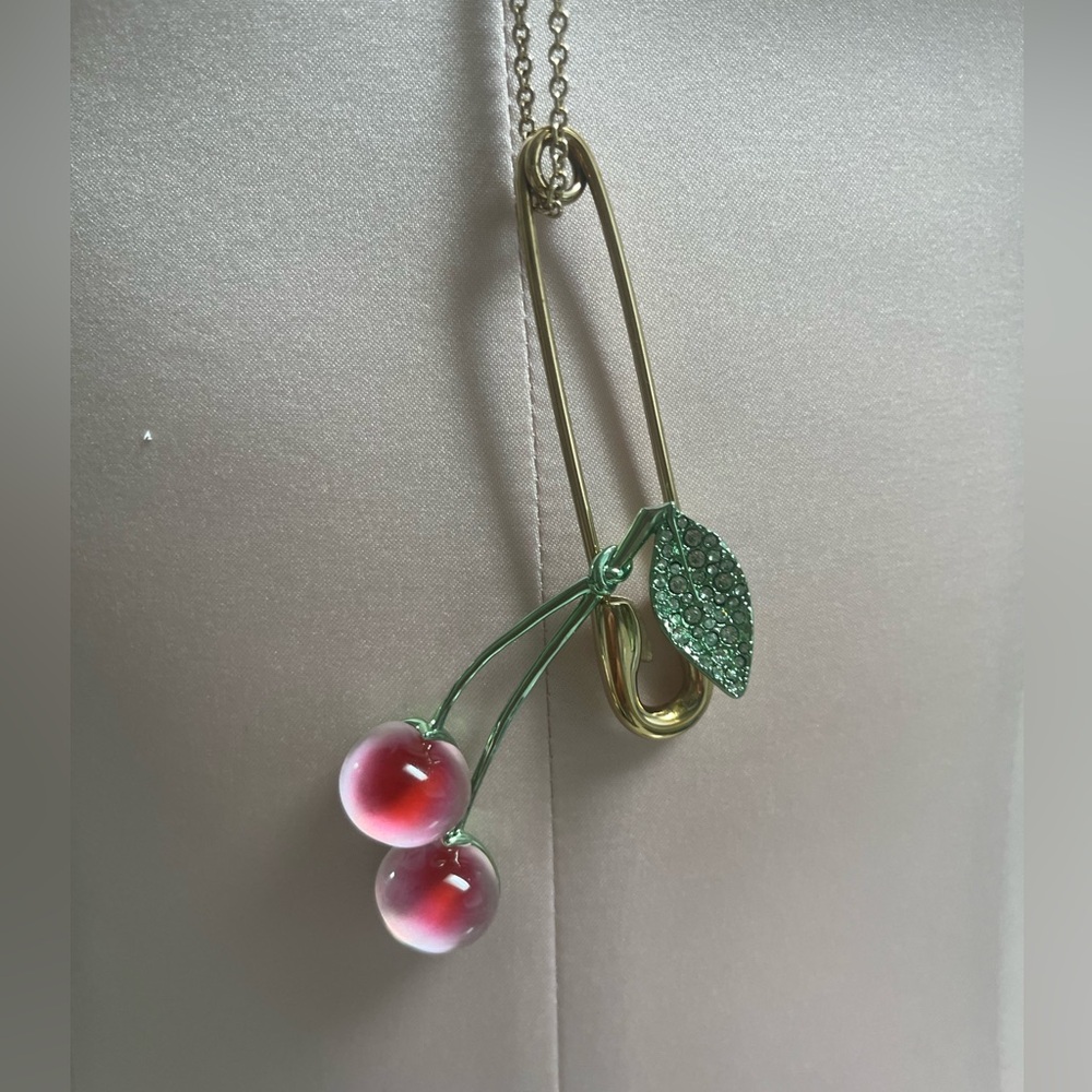 Alexis Bittar Gold Safety-Pin Cherry Pendant Necklace with Pink-Red Glass Charms